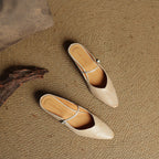 Women’s Leather Backless Flats - Pointed Toe Buckle Strap Low Heel Shoes