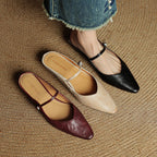 Women’s Leather Backless Flats - Pointed Toe Buckle Strap Low Heel Shoes