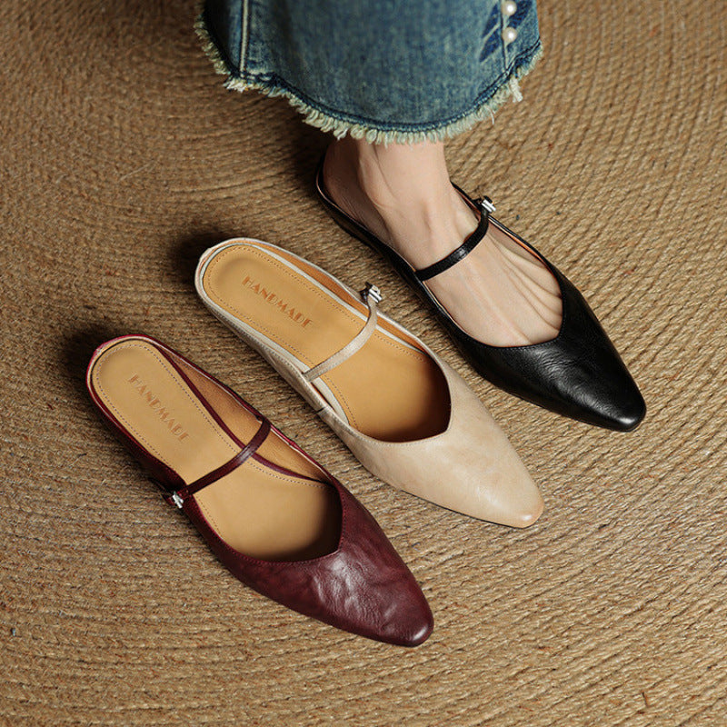 Women’s Leather Backless Flats - Pointed Toe Buckle Strap Low Heel Shoes