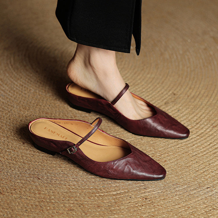 Women’s Leather Backless Flats - Pointed Toe Buckle Strap Low Heel Shoes