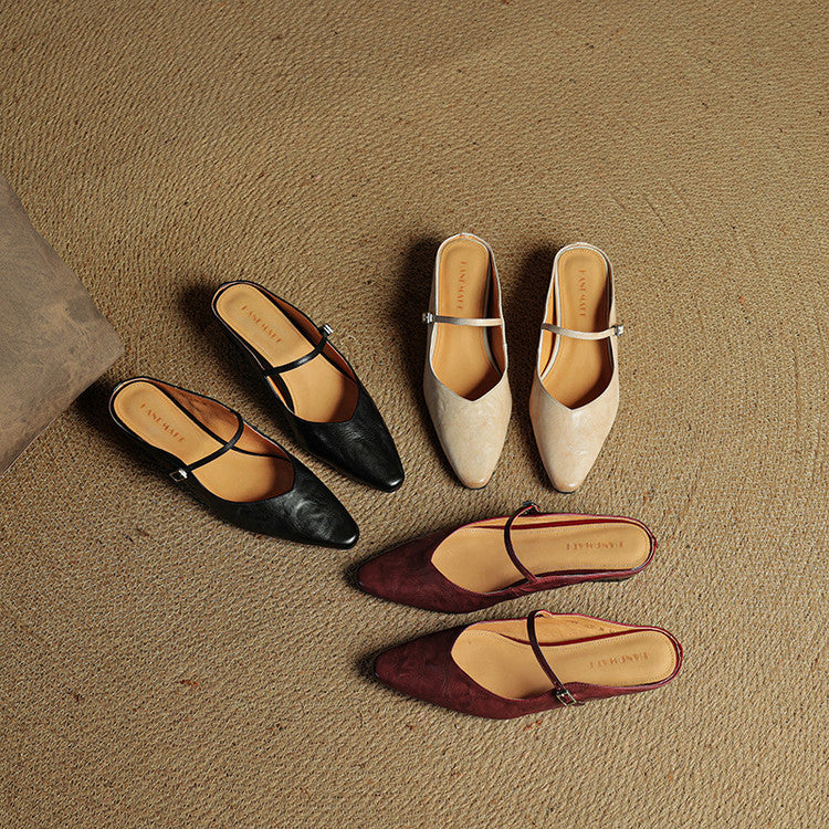 Women’s Leather Backless Flats - Pointed Toe Buckle Strap Low Heel Shoes