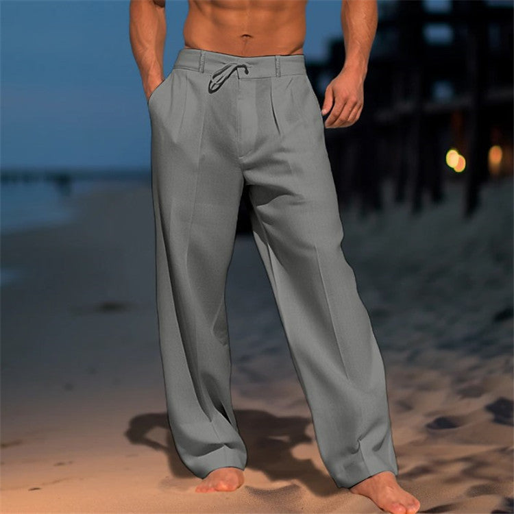 Men's Relaxed Fit Summer Trousers – Drawstring Waist and Pleated Front