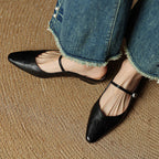 Women’s Leather Backless Flats - Pointed Toe Buckle Strap Low Heel Shoes