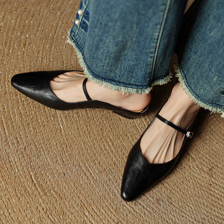 Women’s Leather Backless Flats - Pointed Toe Buckle Strap Low Heel Shoes