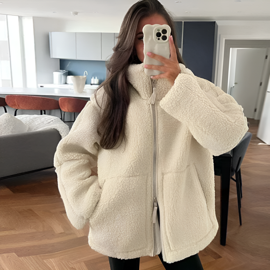 Women's Sherpa Teddy Fleece Jacket, High Stand-Up Collar with Zip Pockets and Ribbed Cuffs