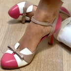 Women’s Two-Tone Bow Heel Sandals – Elegant Ankle Strap Mid Heel Pumps
