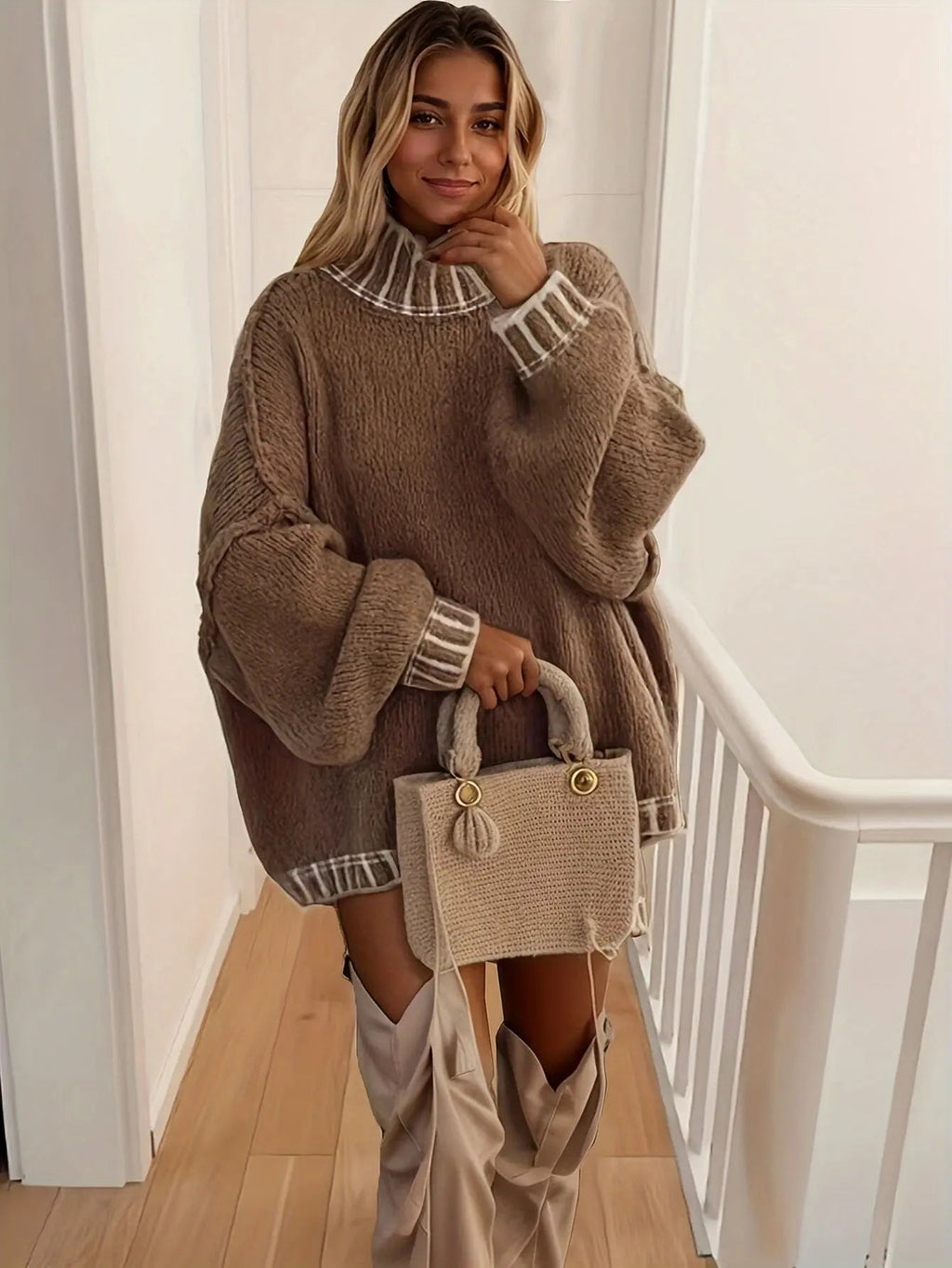 Women's Oversized Turtleneck Jumper, Chunky Knit Jumper Dress with Contrast Rib Trim