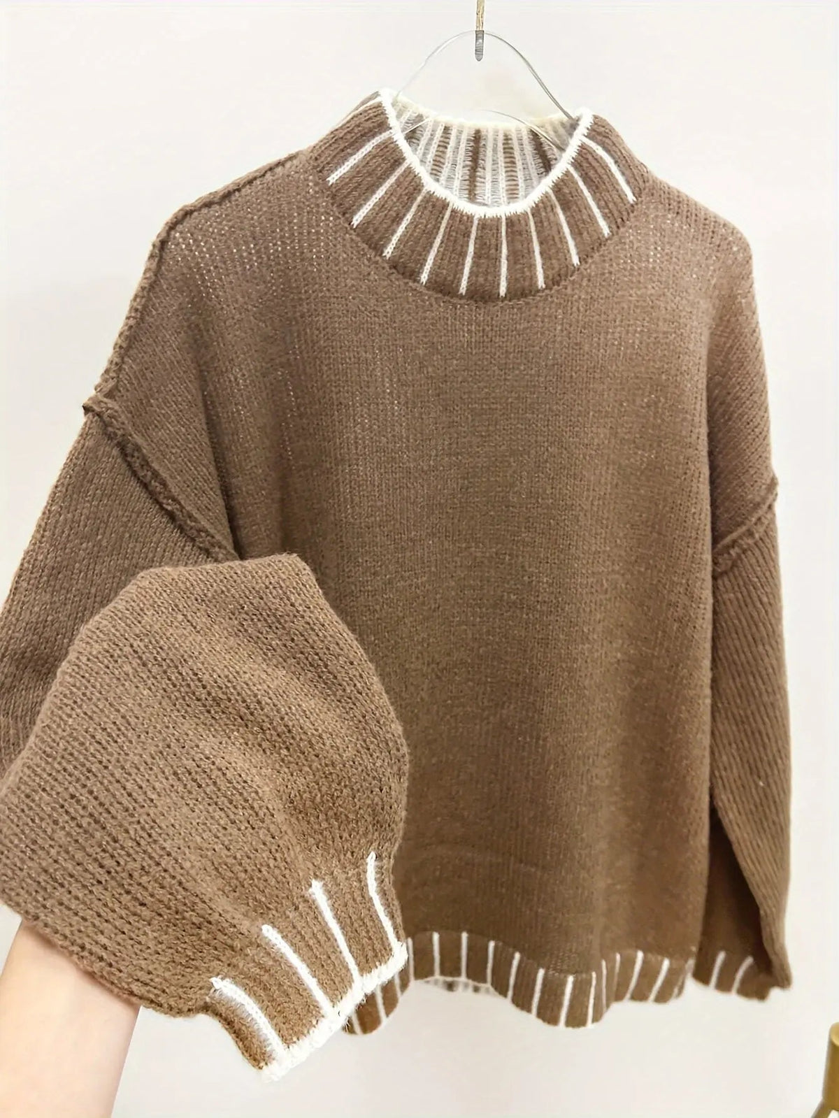 Women's Oversized Turtleneck Jumper, Chunky Knit Jumper Dress with Contrast Rib Trim