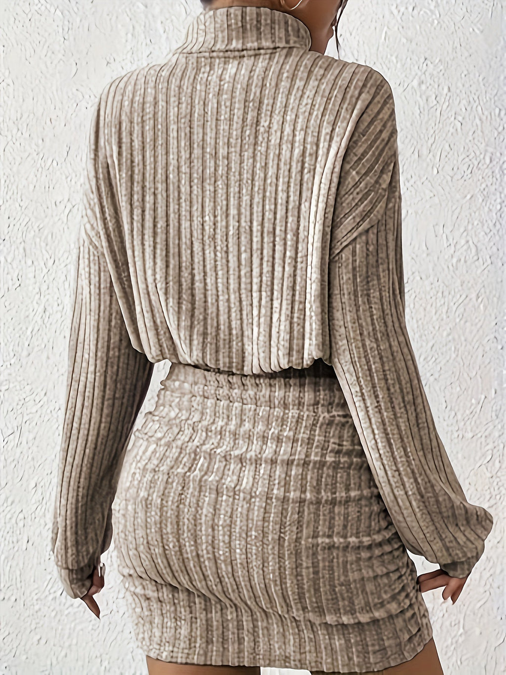Women's Blouson Turtleneck Jumper Dress, Ribbed Knit Gathered Waist Mini Dress