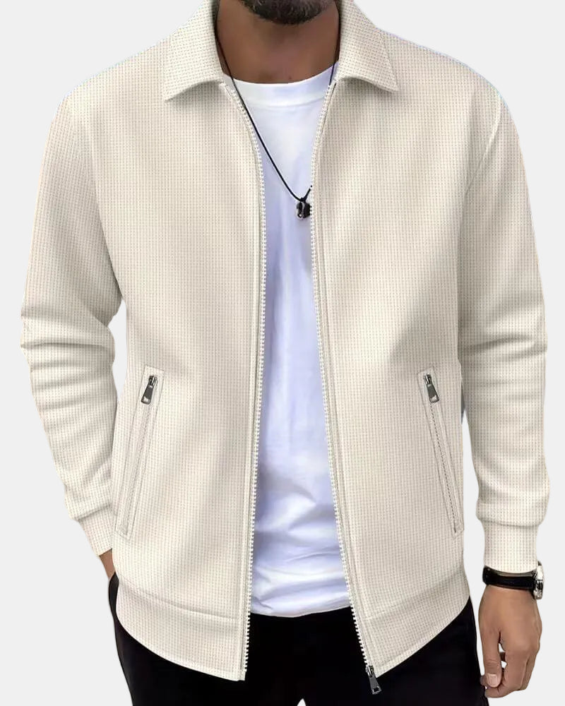 Men's Zip Up Jacket - Textured Shirt Collar Overshirt in Cream