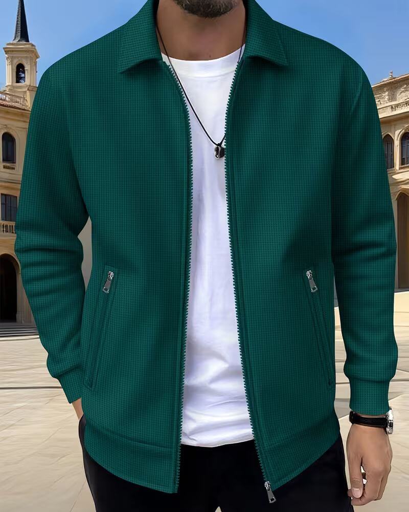 Men's Zip Up Jacket - Textured Shirt Collar Overshirt in Cream