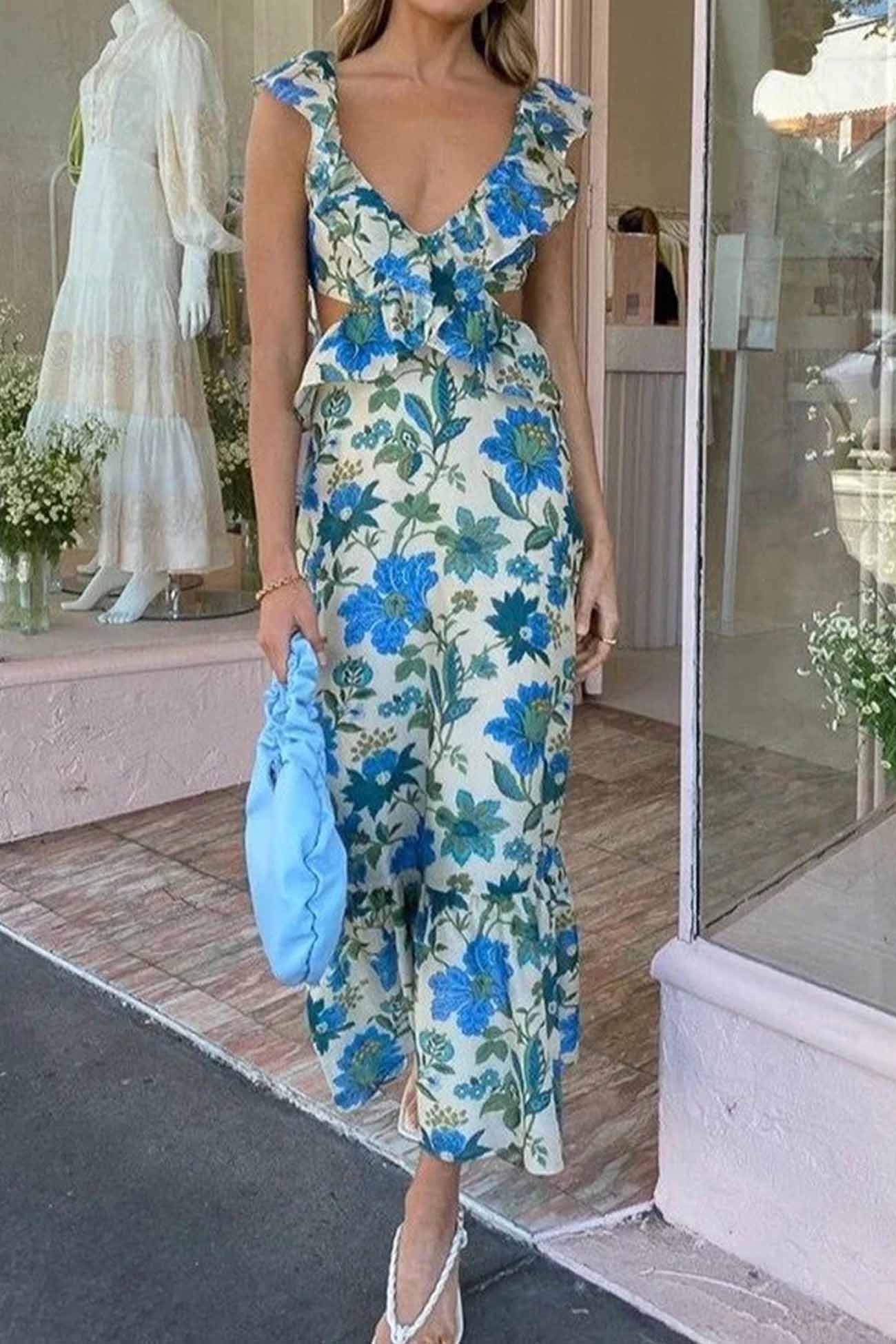 Women's Floral Maxi Summer Dress – Sleeveless Ruffle Strap Design