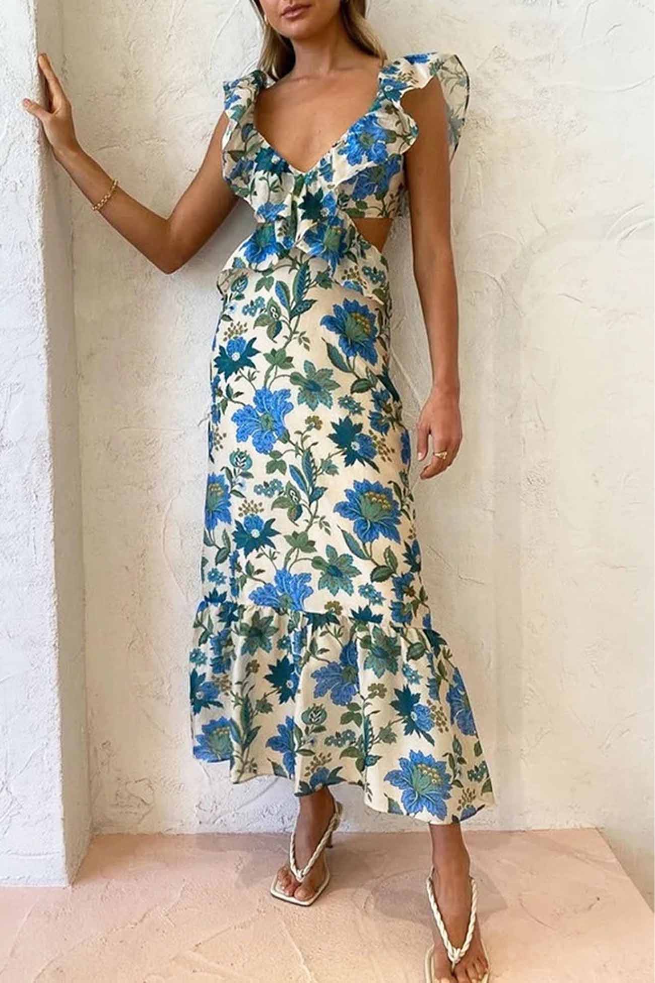 Women's Floral Maxi Summer Dress – Sleeveless Ruffle Strap Design