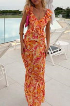 Women's Floral Maxi Summer Dress – Sleeveless Ruffle Strap Design