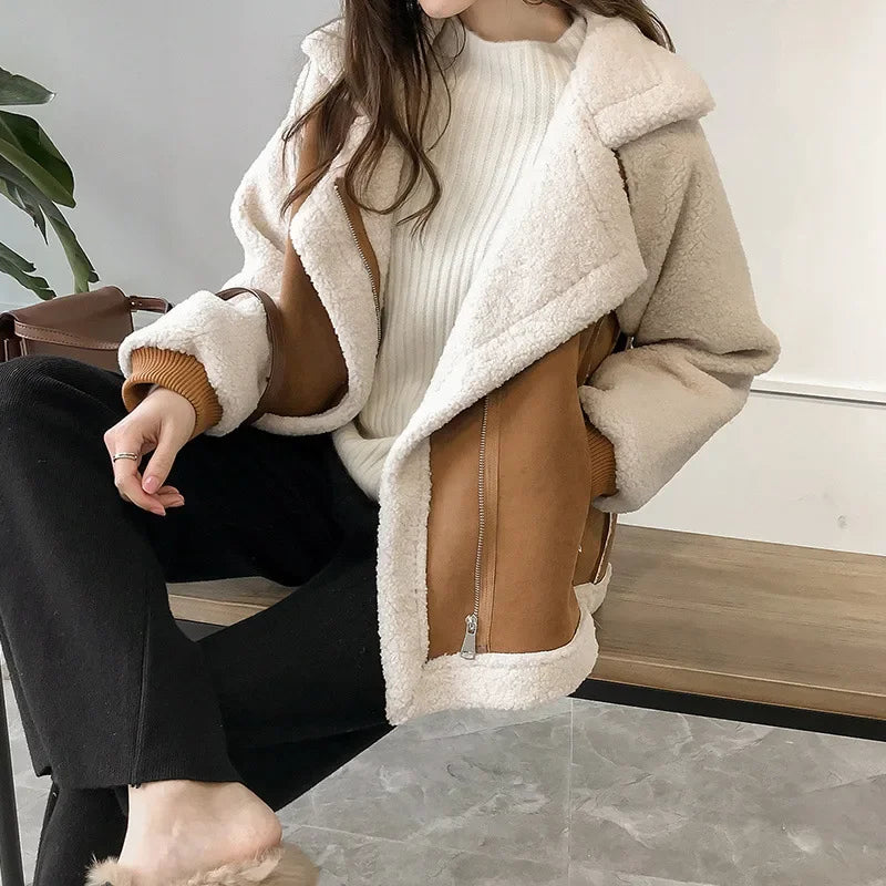 Women's Faux Suede Aviator Jacket, Faux Shearling-Lined Relaxed Winter Jacket