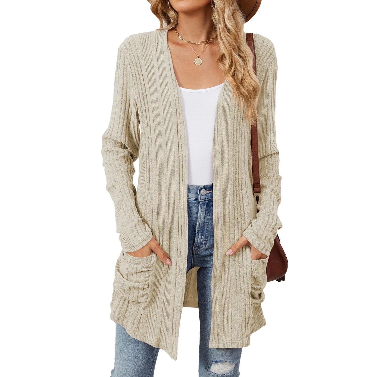 Women's Long Cardigan - Ribbed Knit Open Front with Pockets, Sage Green