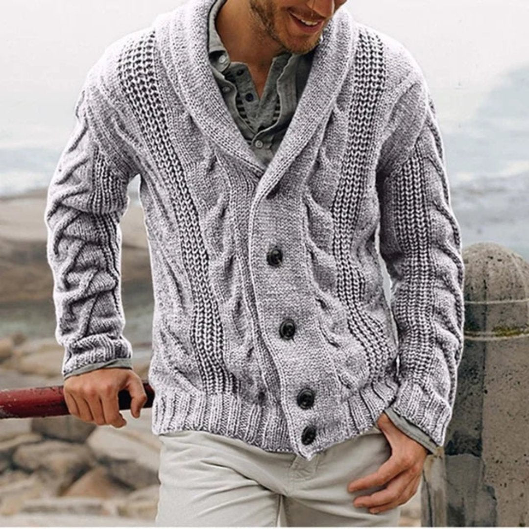 Men's Cable Knit Cardigan, Shawl Collar Button-Up Chunky Knit Cardigan