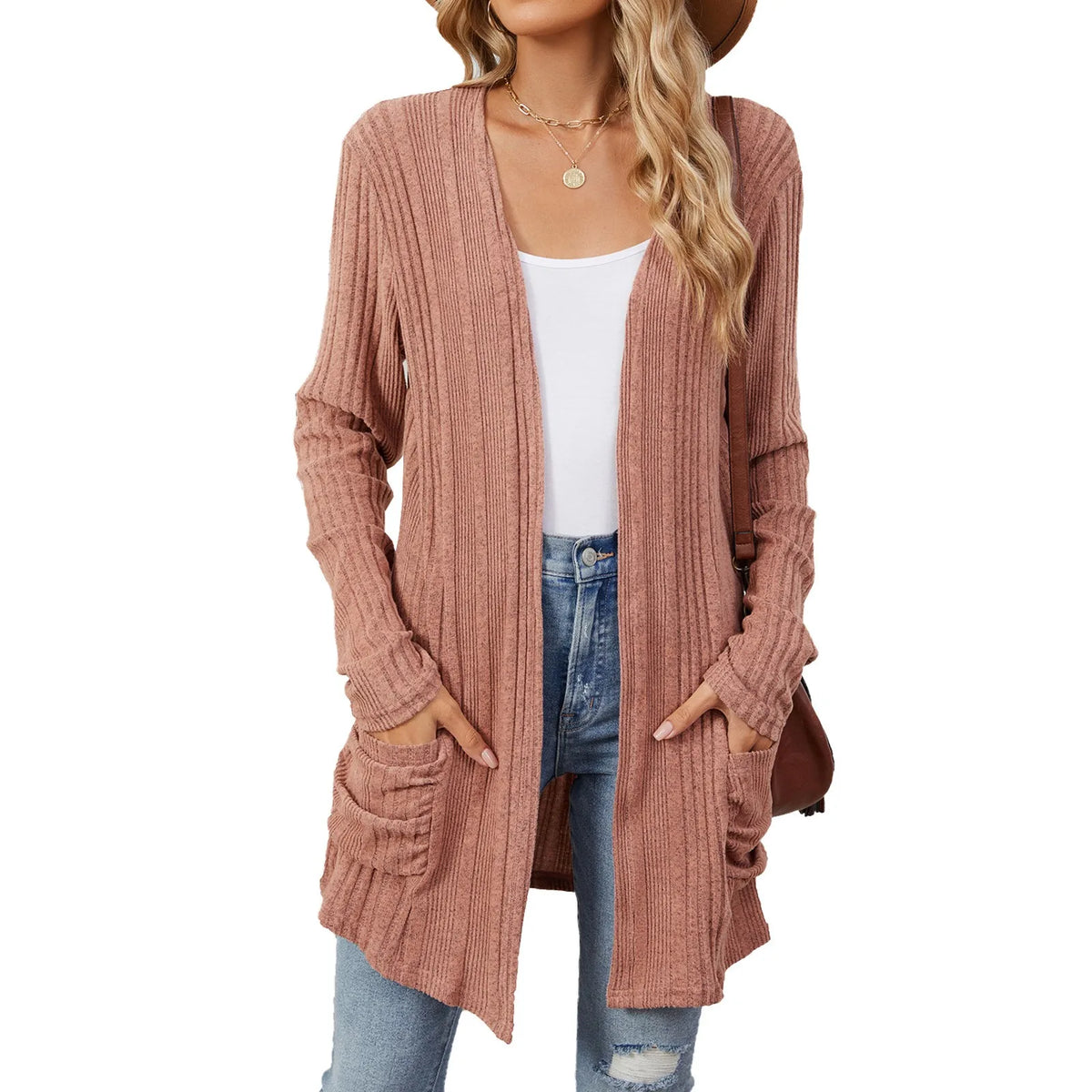 Women's Long Cardigan - Ribbed Knit Open Front with Pockets, Sage Green