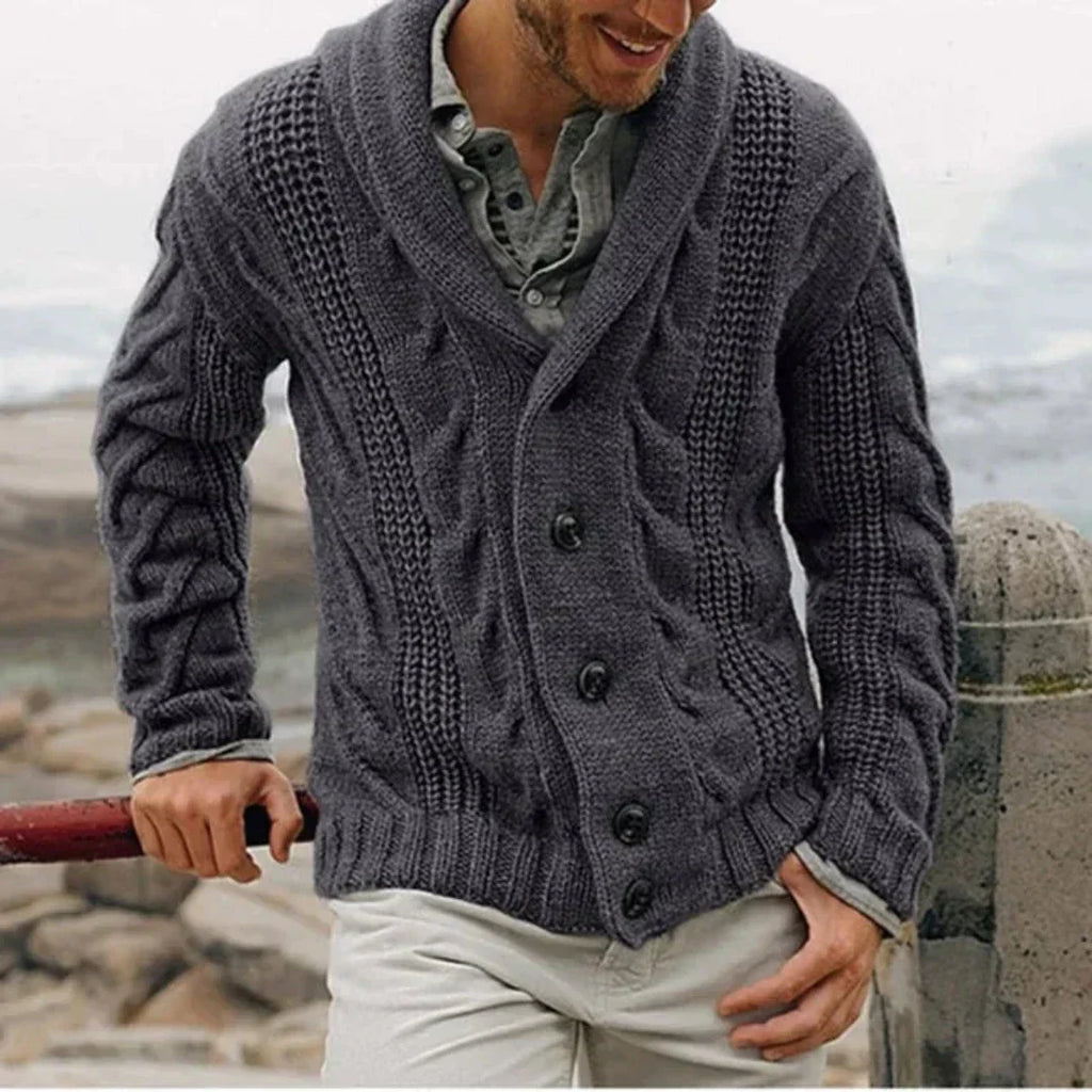 Men's Cable Knit Cardigan, Shawl Collar Button-Up Chunky Knit Cardigan