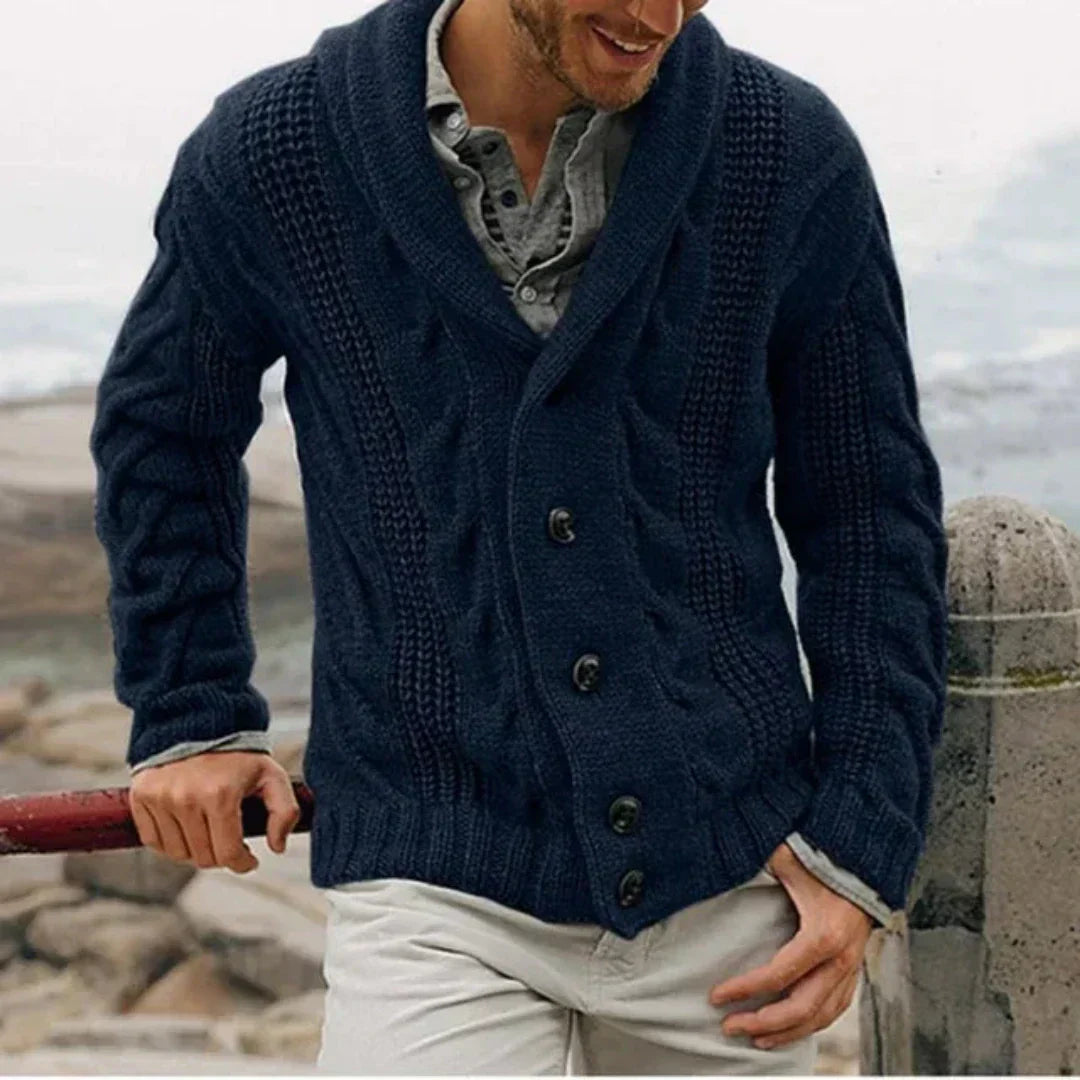 Men's Cable Knit Cardigan, Shawl Collar Button-Up Chunky Knit Cardigan