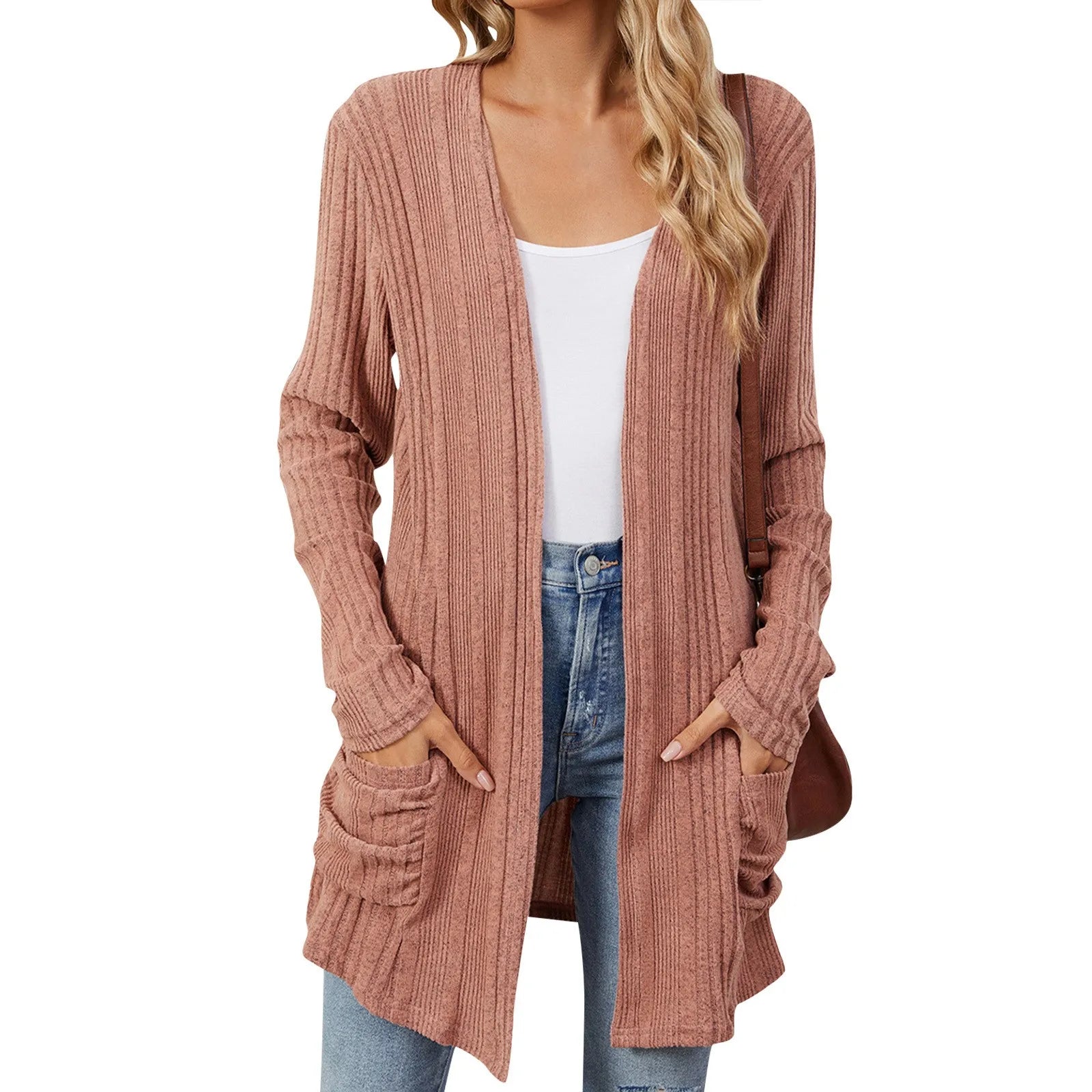 Women's Long Cardigan - Ribbed Knit Open Front with Pockets, Sage Green