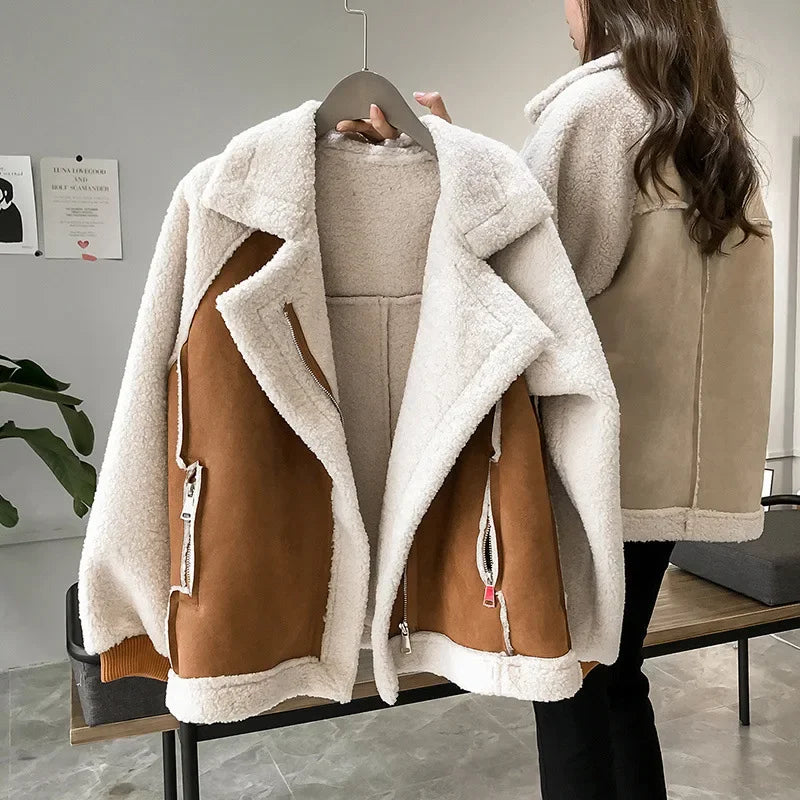 Women's Faux Suede Aviator Jacket, Faux Shearling-Lined Relaxed Winter Jacket