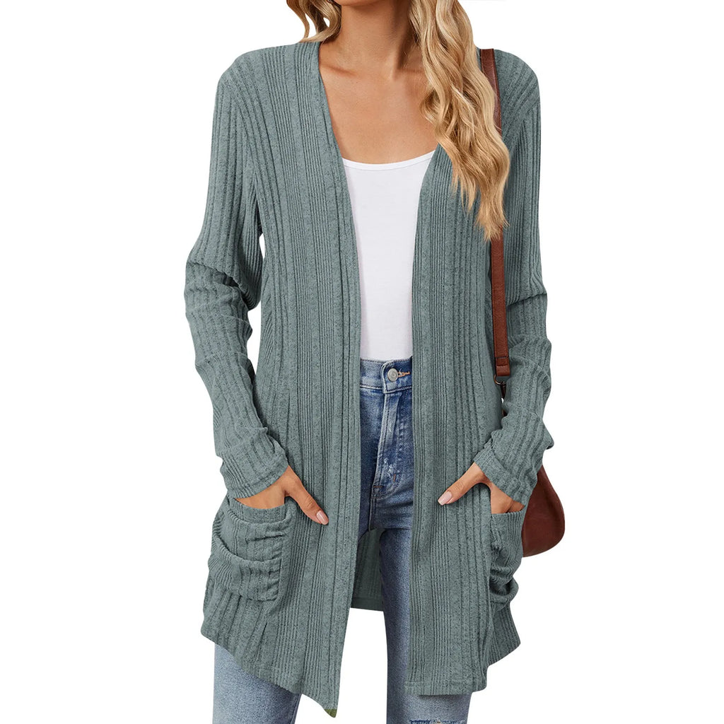 Women's Long Cardigan - Ribbed Knit Open Front with Pockets, Sage Green