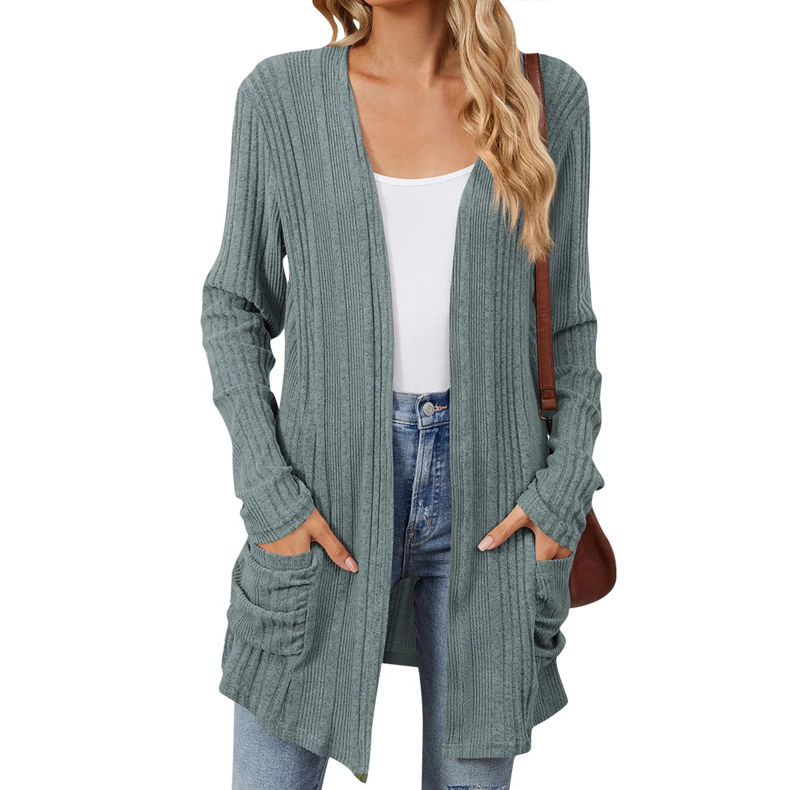Women's Long Cardigan - Ribbed Knit Open Front with Pockets, Sage Green