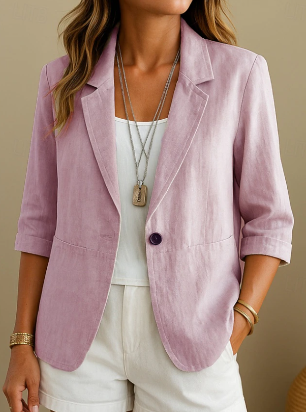 Women's Pink Blazer - Linen Blend Half Sleeve Tailored Jacket