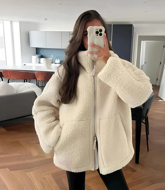 Women's Teddy Fleece Jacket, Borg Zip-Up Funnel Neck Jacket – Relaxed Fit