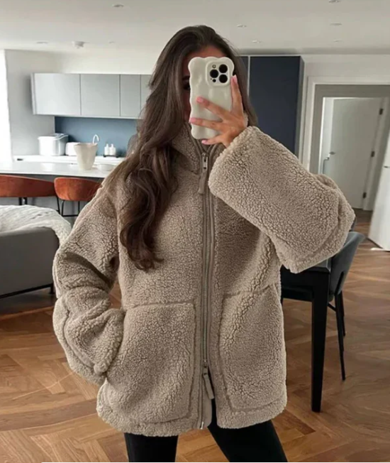 Women's Teddy Fleece Jacket, Borg Zip-Up Funnel Neck Jacket – Relaxed Fit