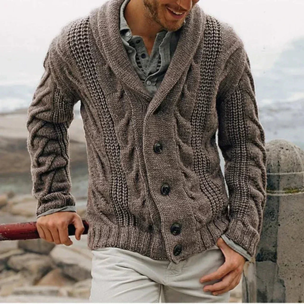 Men's Cable Knit Cardigan, Shawl Collar Button-Up Chunky Knit Cardigan