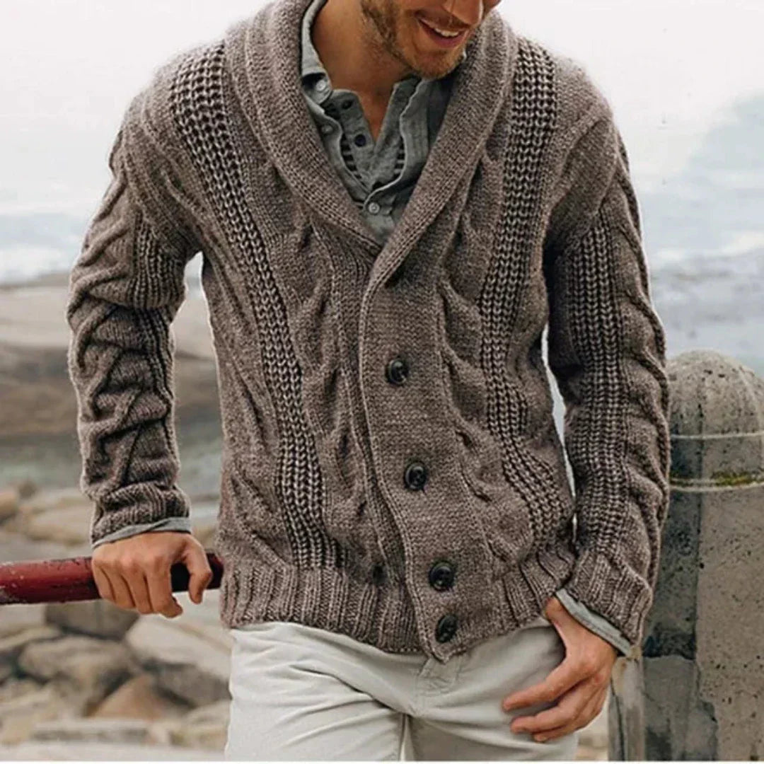 Men's Cable Knit Cardigan, Shawl Collar Button-Up Chunky Knit Cardigan