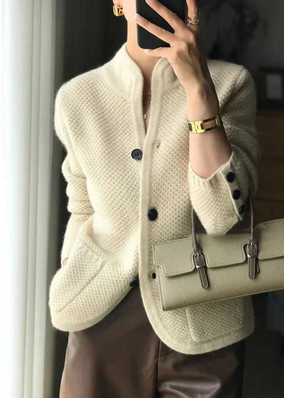 Women's Knit Cardigan, Button-Up Cardigan with Stand Collar – Cream & Camel