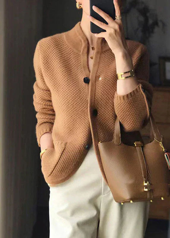 Women's Knit Cardigan, Button-Up Cardigan with Stand Collar – Cream & Camel
