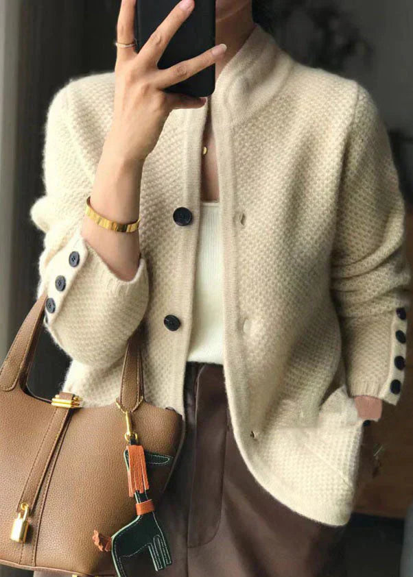 Women's Knit Cardigan, Button-Up Cardigan with Stand Collar – Cream & Camel