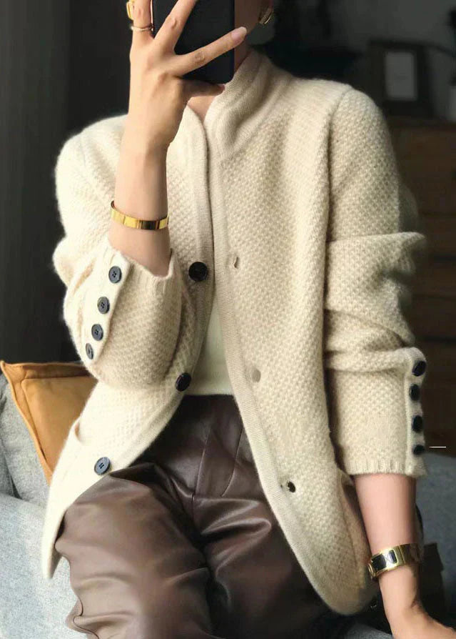 Women's Knit Cardigan, Button-Up Cardigan with Stand Collar – Cream & Camel