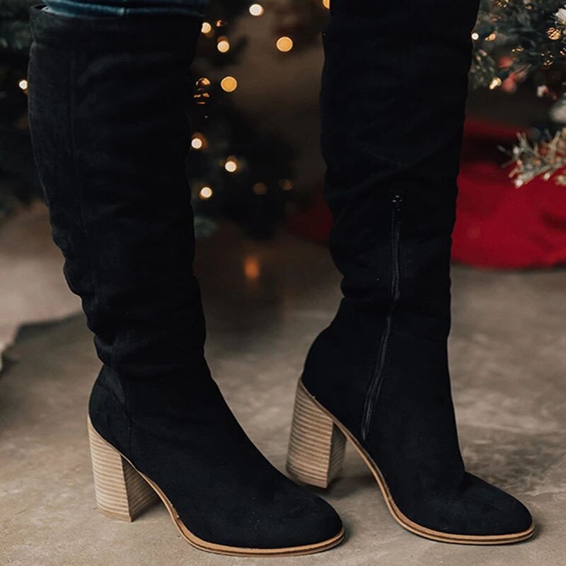 Women's Stacked Heel Suede Knee High Boots, Round Toe Boots for Work and Evenings Out
