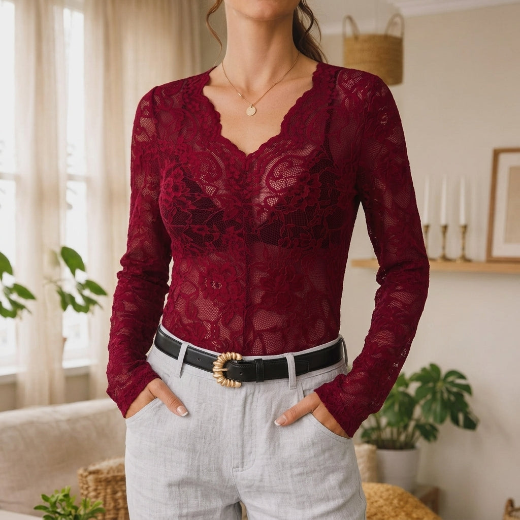 Women's V-Neck Lace Detail Top – Slim Fit Long Sleeve Design