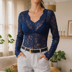 Women's V-Neck Lace Detail Top – Slim Fit Long Sleeve Design