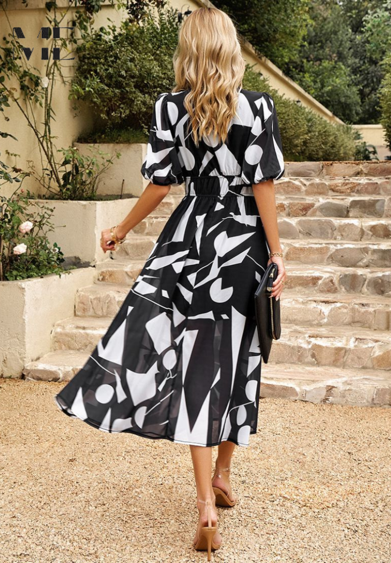 Women's Floral Print Midi Dress – Puff Sleeve Design