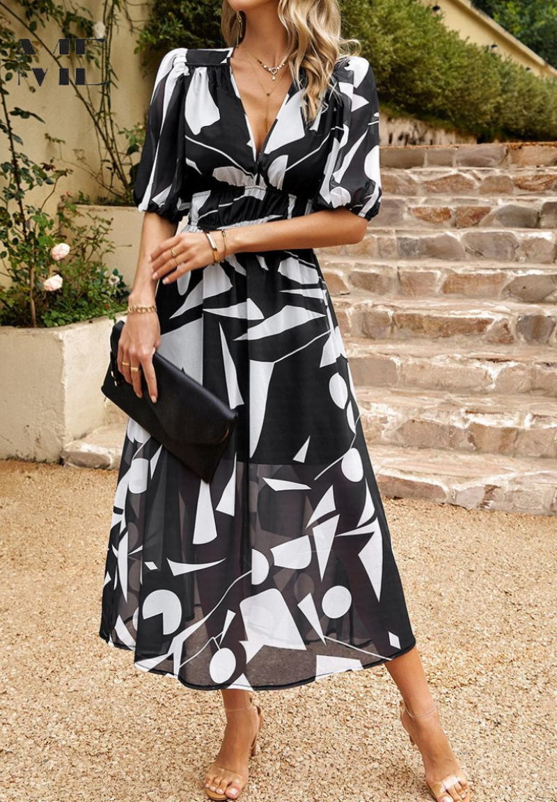 Women's Floral Print Midi Dress – Puff Sleeve Design