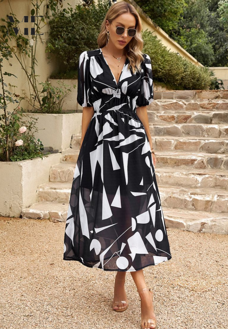 Women's Floral Print Midi Dress – Puff Sleeve Design