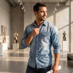 Men’s Vintage Wash Denim Shirt – Casual Button Down Collar