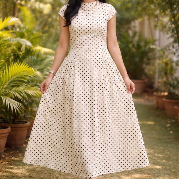 Women's Polka Dot Maxi Dress – High Neck Cap Sleeve Full Skirt
