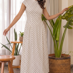 Women's Polka Dot Maxi Dress – High Neck Cap Sleeve Full Skirt