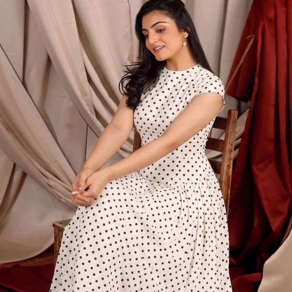 Women's Polka Dot Maxi Dress – High Neck Cap Sleeve Full Skirt