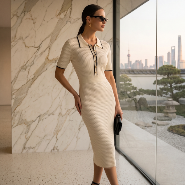 Women's Knitted Midi Dress – Polo Collar Elegant Style