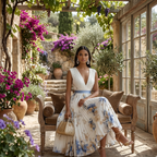 Women's Floral Print Midi Dress – Blue and White Ceremony Style