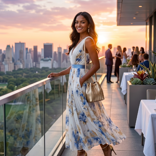 Women's Floral Print Midi Dress – Blue and White Ceremony Style